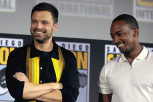 Sebastian Stan and Anthony Mackie speaking at the 2019 San Diego Comic Con International, for "The Falcon and the Winter Soldier", at the San Diego Convention Center in San Diego, California.