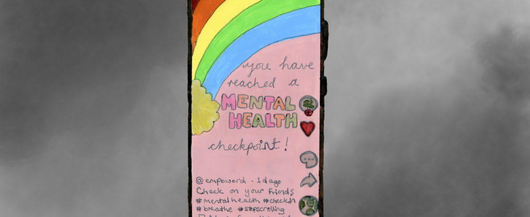 picture of a phone screen showing a colourful mental health check in TikTok with grey cloud behind it