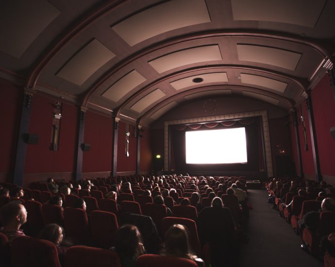 A crowd of people sit in a dark cinema watching a film.