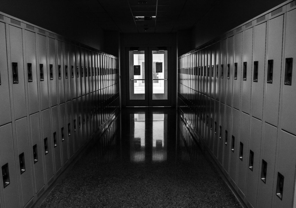 School hallway in black and white