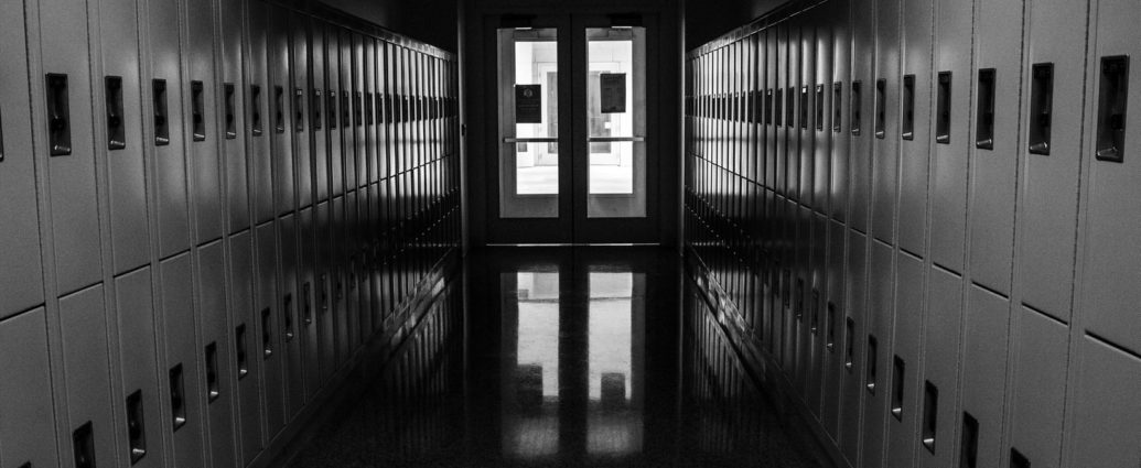 School hallway in black and white