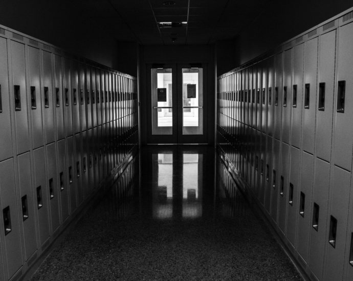 School hallway in black and white