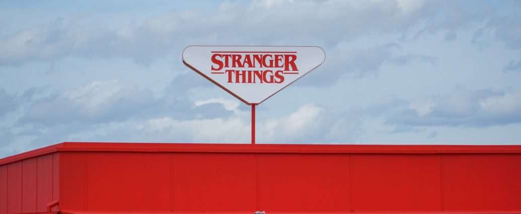 red building with sign displaying stranger things logo
