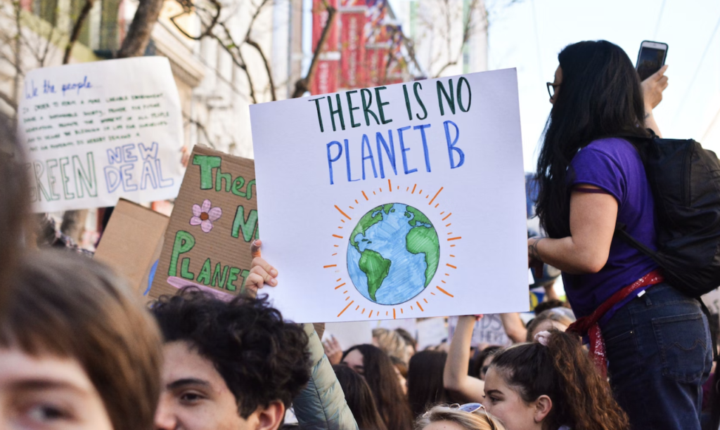 A climate activist holding up a sign with the words "There is no planet B", and a drawing of Earth.