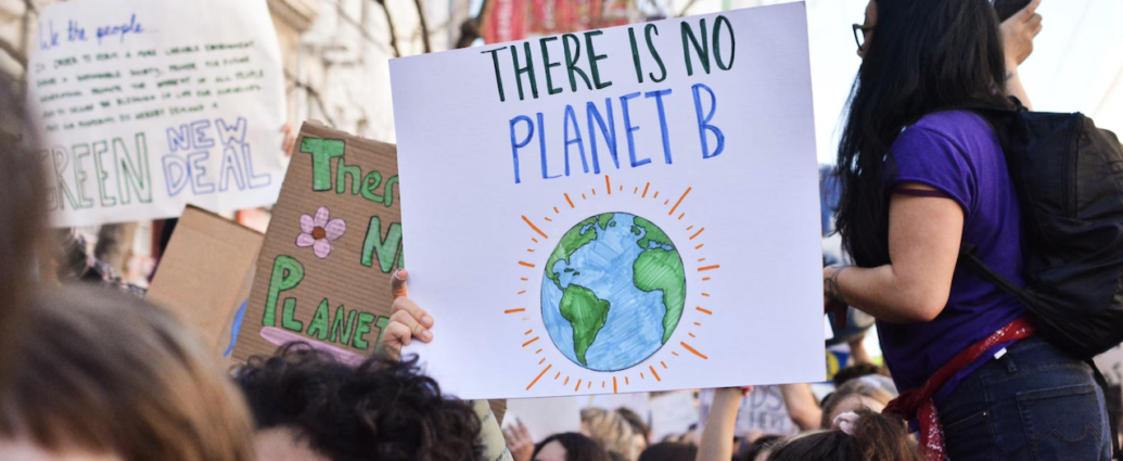 A climate activist holding up a sign with the words "There is no planet B", and a drawing of Earth.