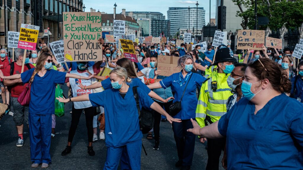 NHS staff protesting.