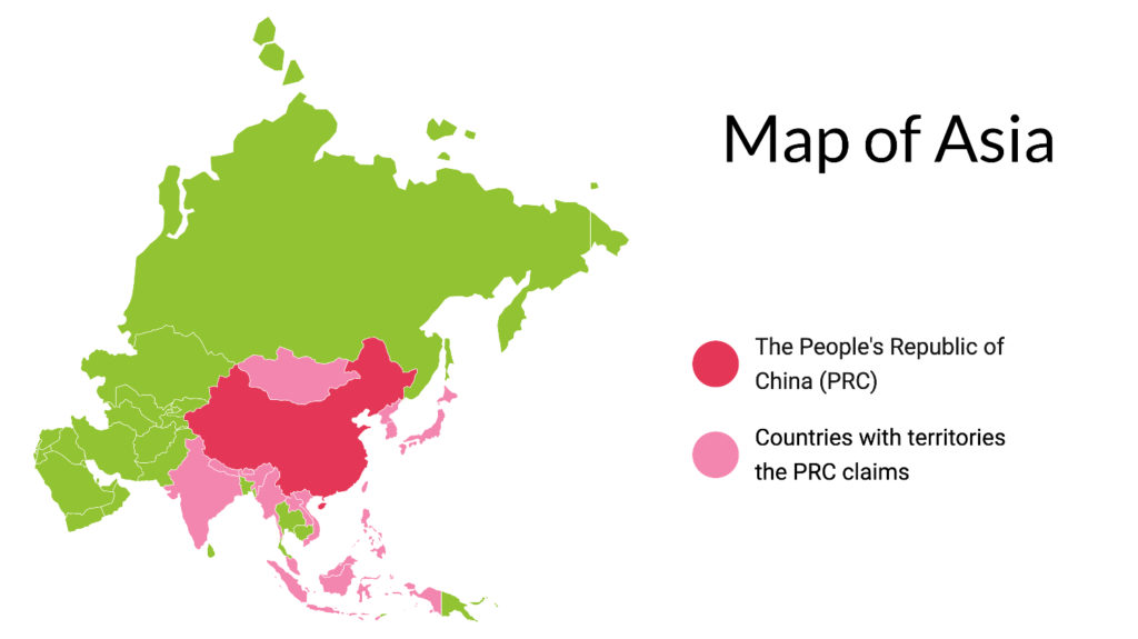 Image shows a map of Asia, showing in different shades of pink the territories of People's Republic of China and countries with territories the PRC claims. At the G7 Summit 2023, leaders took issue with China's relationship with Taiwan and its military spending.