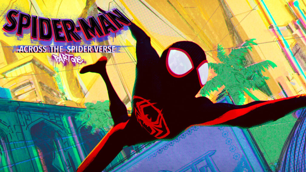 Miles Morales (Spider-Man) leaping across the Spider-Verse against a colourful city background