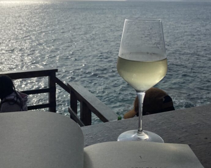 The book Happy Place open on a table next to a glass of wine on a table overlooking a body of water
