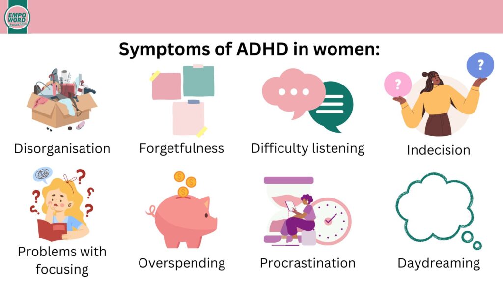graphic explaining the symptoms of ADHD in women. they are disorganisation, forgetfulness, difficulty listening, indecision, problems with focusing, overspending, procrastination, and daydreaming.