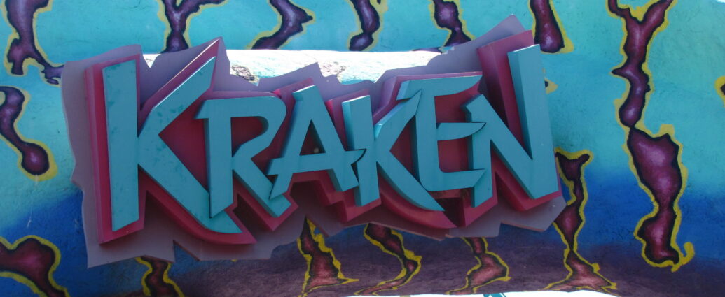 A sign reading 'Kraken' in big blue letters