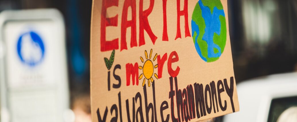 protest sign encouraging people to have a climate-conscious summer. it reads: "earth is more valuable than money".