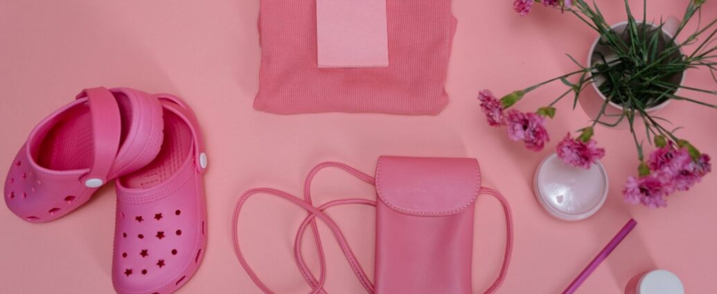 a selection of pink items, including a hot pink pair of crocs