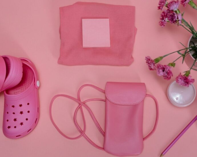 a selection of pink items, including a hot pink pair of crocs