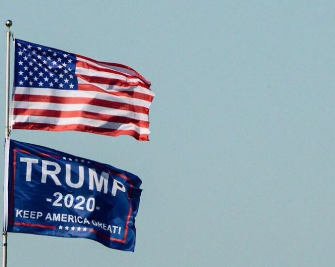An image of a USA flag, and a Trump 2020 presidential flag.