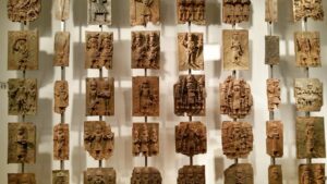 Benin bronzes pictured on display at the British Museum.