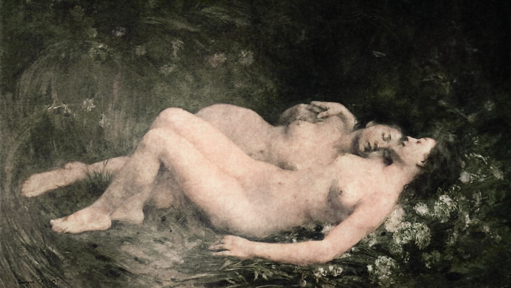 Sommeil (1895) (colorized) by Georges Callot (1857-1903). Painting depicting two nude women embracing.