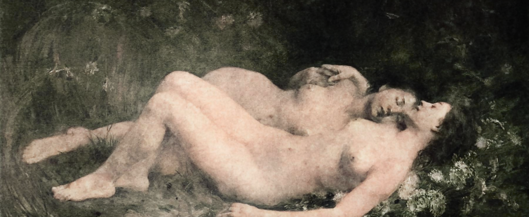 Sommeil (1895) (colorized) by Georges Callot (1857-1903). Painting depicting two nude women embracing.