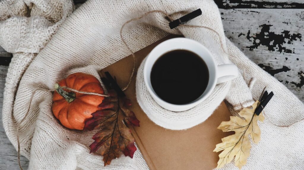 Autumn leaves, a white ceramic mug, a pumpkin, and a book sitting on a sweater.