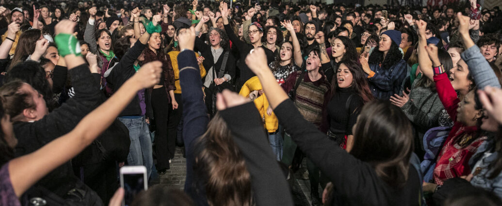 Image displays a crowd of ecofeminist protestors in Barcelona, 2020. [Ecofeminism]