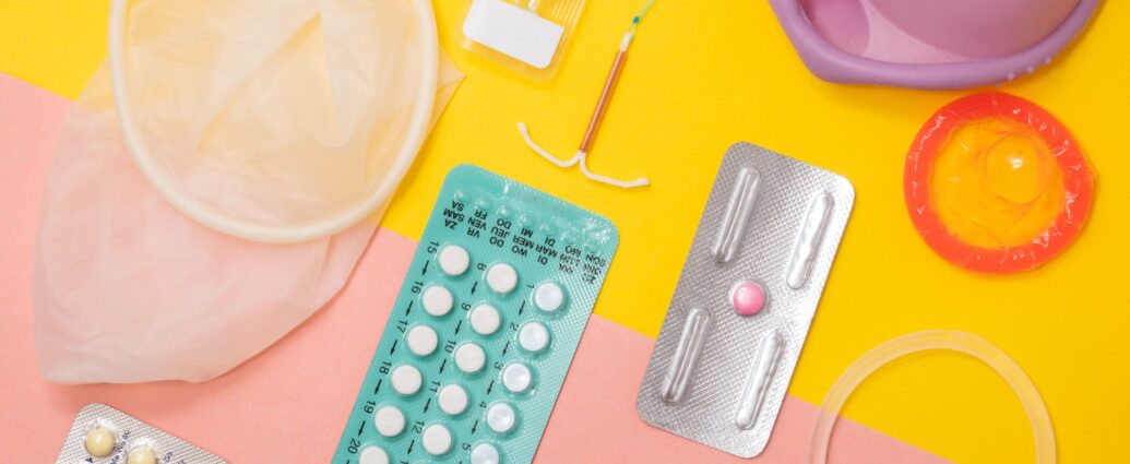 Image displays various methods of contraception, including a dental dam, condom, IUD and various pills.