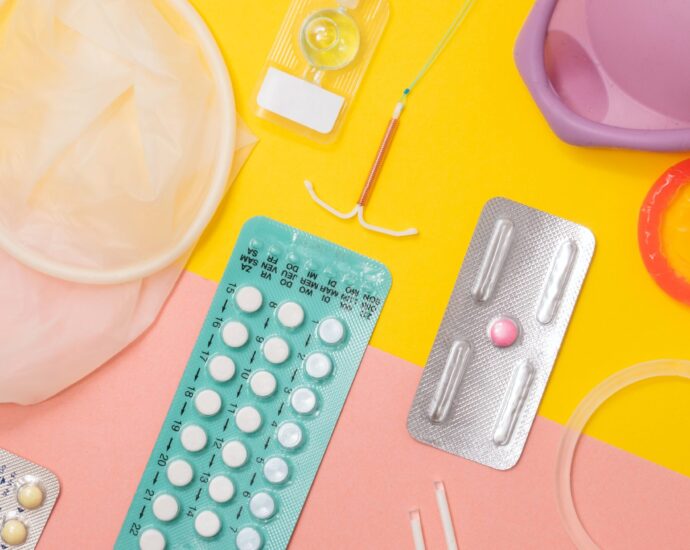 Image displays various methods of contraception, including a dental dam, condom, IUD and various pills.