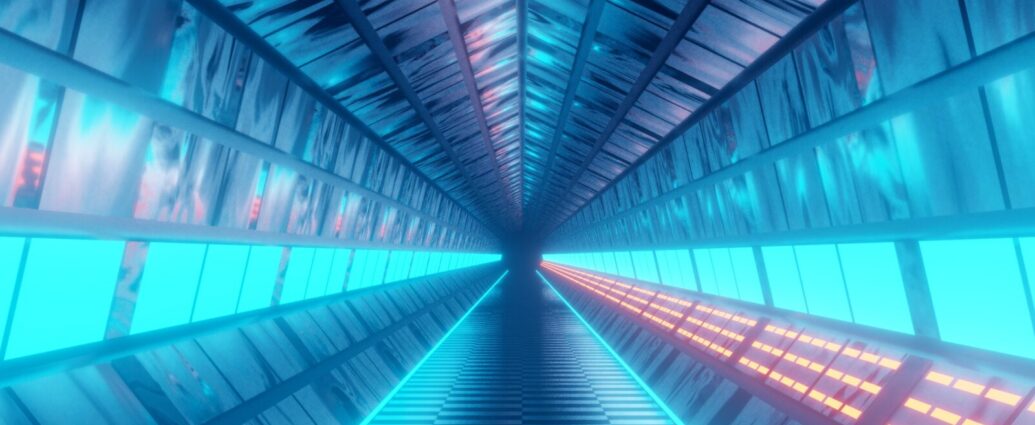 A futuristic, multi-coloured tunnel in outer space
