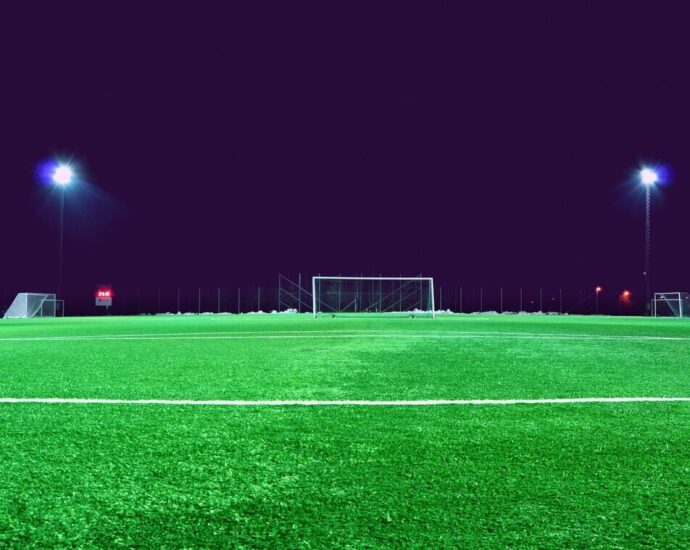 Football net and green grass of football field with dark sky lit by flood lights. Expensive Transfers.