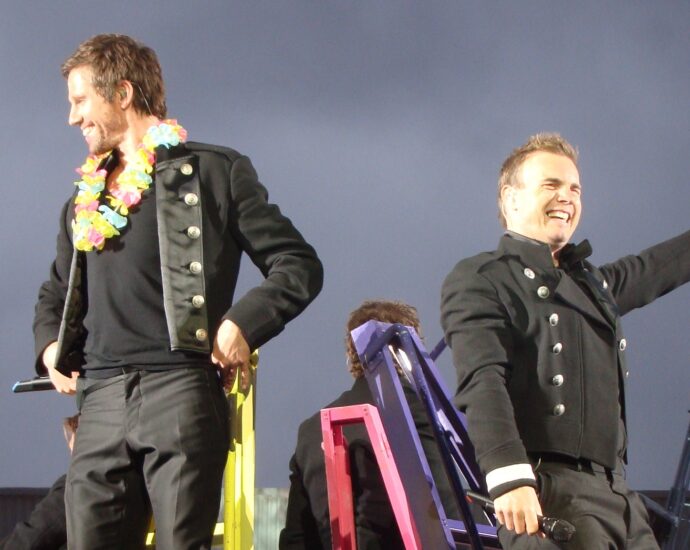 Howard Donald and Gary Barlow of Take That performing live on stage (2009).