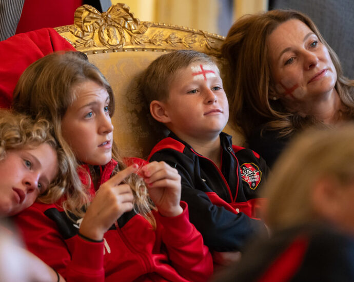 28/07/2023. Downing Street and the Secretary of State for Education Gillian Keegan host children from Crayford Arrows Football Club in 10 Downing Street to watch the England Lionesses play Denmark in the Women's World Cup.