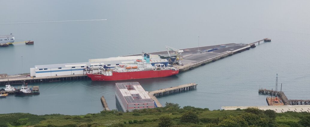 Image of the Bibby Stockholm Barge in Portland Port, Dorset to house asylum seekers