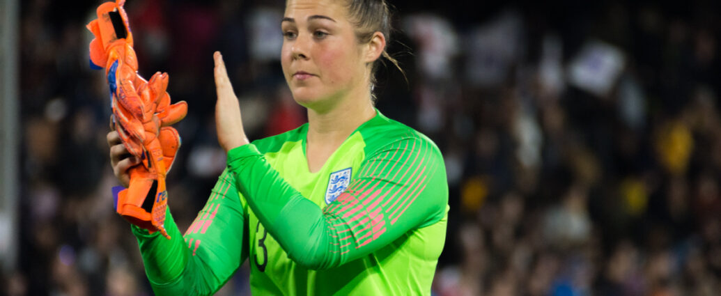 Mary Earps on the pitch during England vs. Australia, 2018.