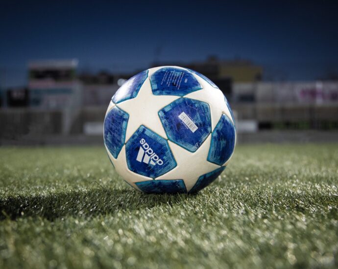 A blue and white football on a green pitch symbolising the Champions League