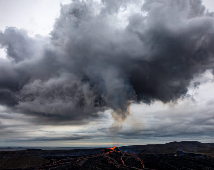Smoke cloud over Geldingadalir volcano, Iceland, in August 2021.