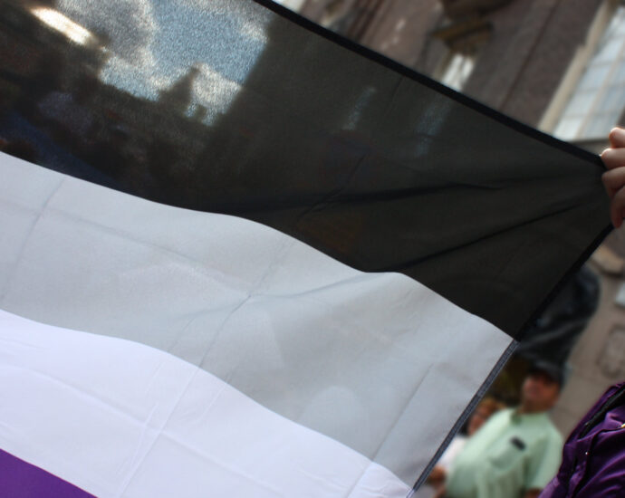 A person dressed in purple holding the corner of an asexual flag.