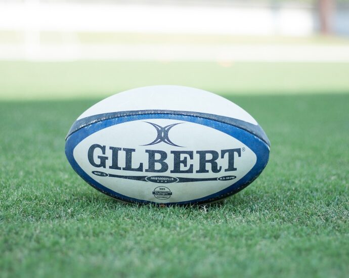 Blue and white rugby ball placed on green grass at Six Nations rugby pitch
