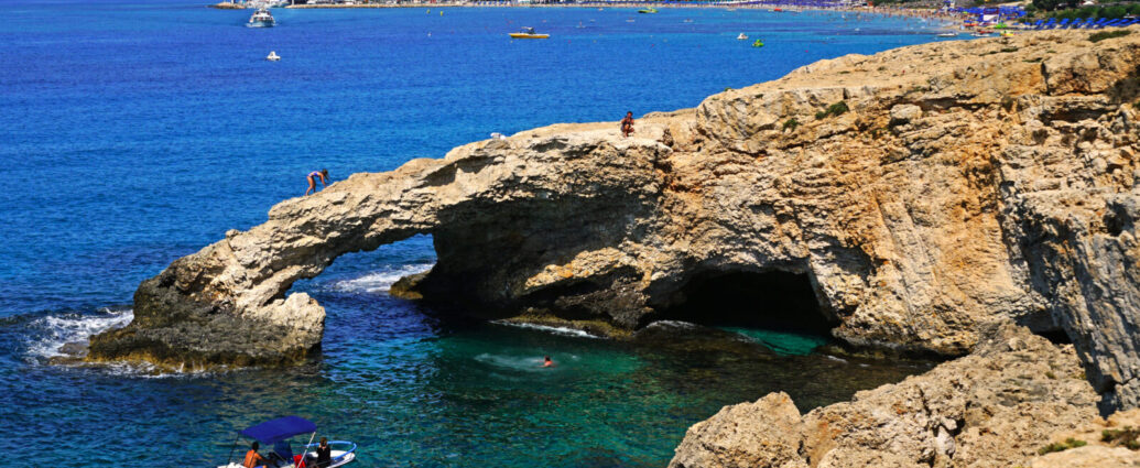 The Cypriot coastline with rocky shores and clear blue seas.