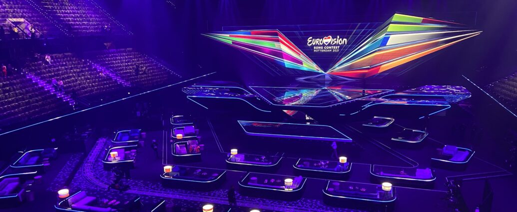 Stage, floor and podium at the Eurovision Song Contest in Rotterdam, 2021. [Eurovision Boycott]