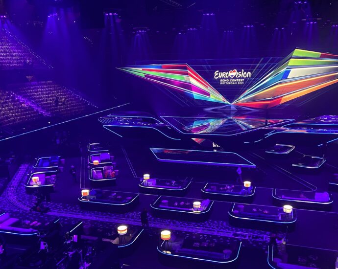 Stage, floor and podium at the Eurovision Song Contest in Rotterdam, 2021. [Eurovision Boycott]