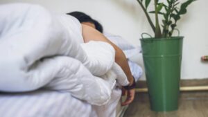 A woman asleep under a white duvet, with a green plant pot next to her bed.