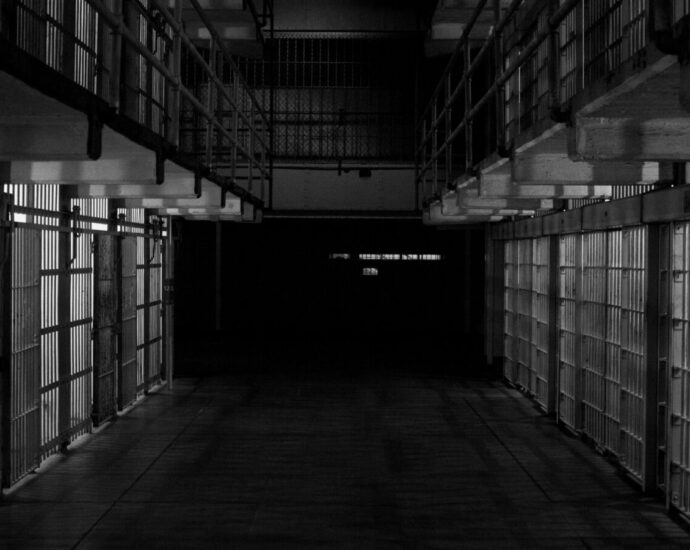 Black and white image shows two rows of prison cells.