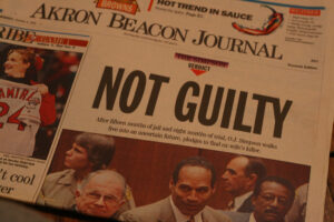 Newspaper headline reads 'Not Guilty', on October 4, 1995, the day of the O.J. Simpson murder trial verdict.
