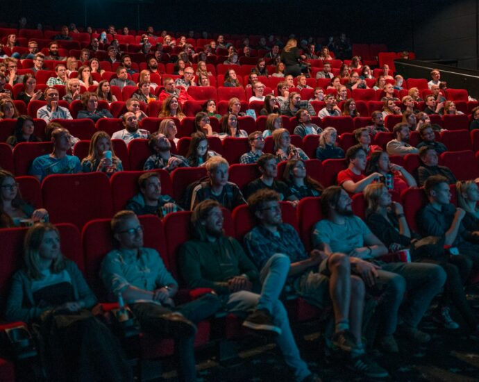 People sitting in a theatre watching a film.