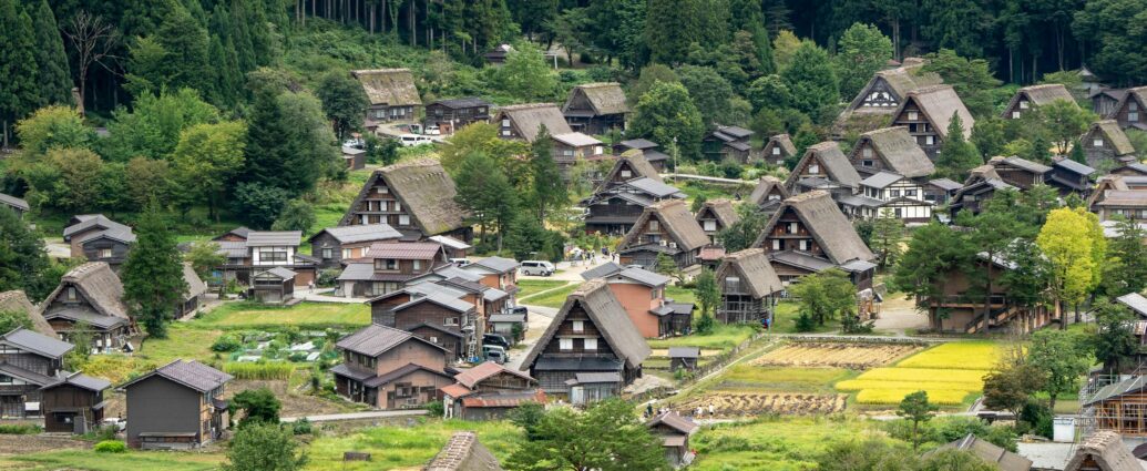 Small brown houses in green countryside